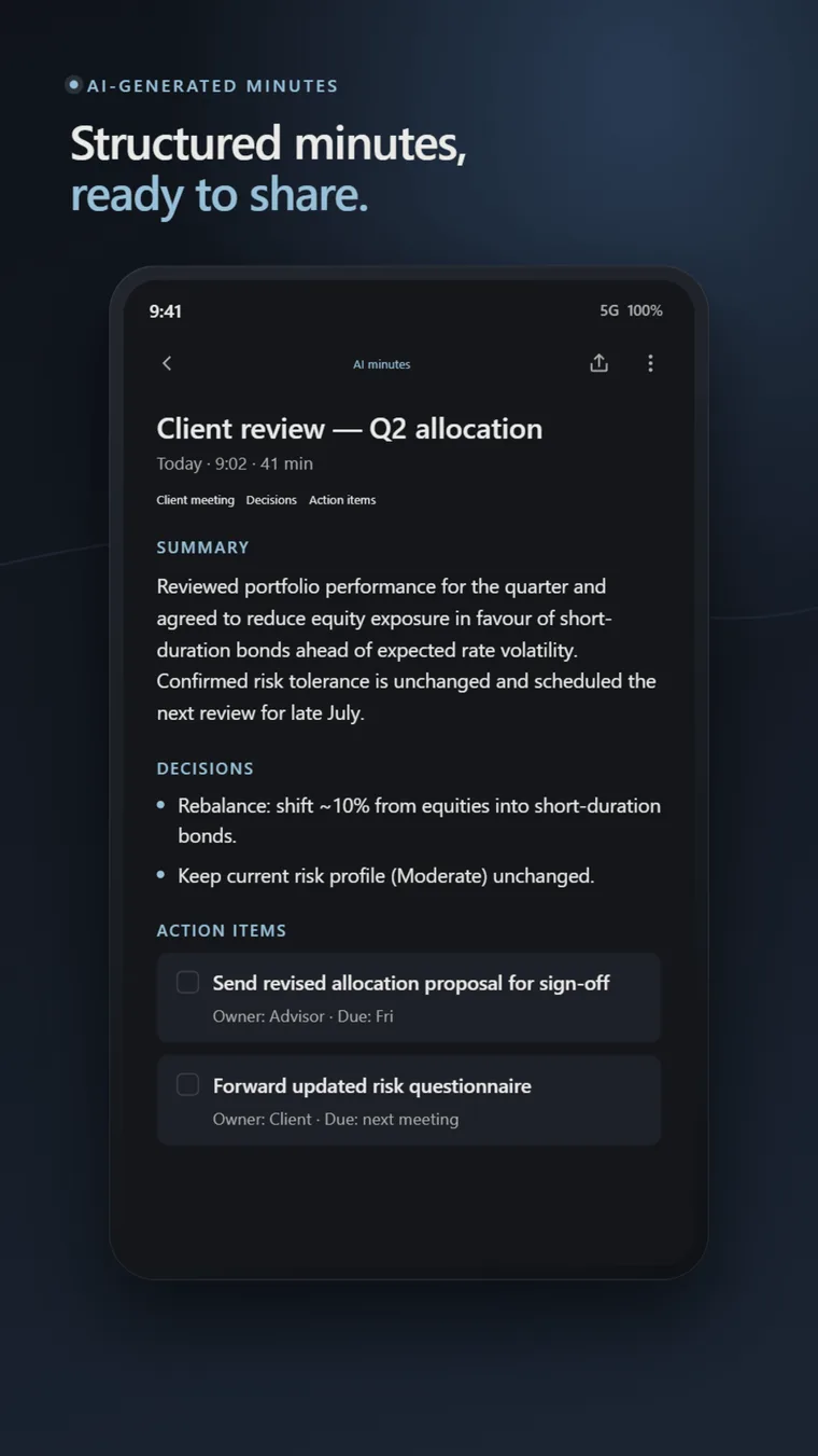 SumaFlow Minutes output — a structured client meeting summary with decisions and action items.