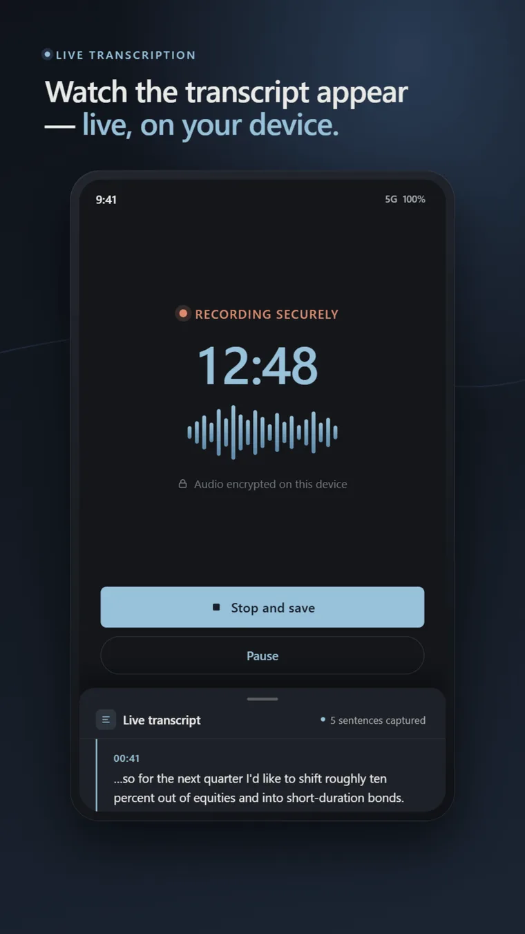 SumaFlow Minutes recording screen — recording securely with a live transcript building on-device.